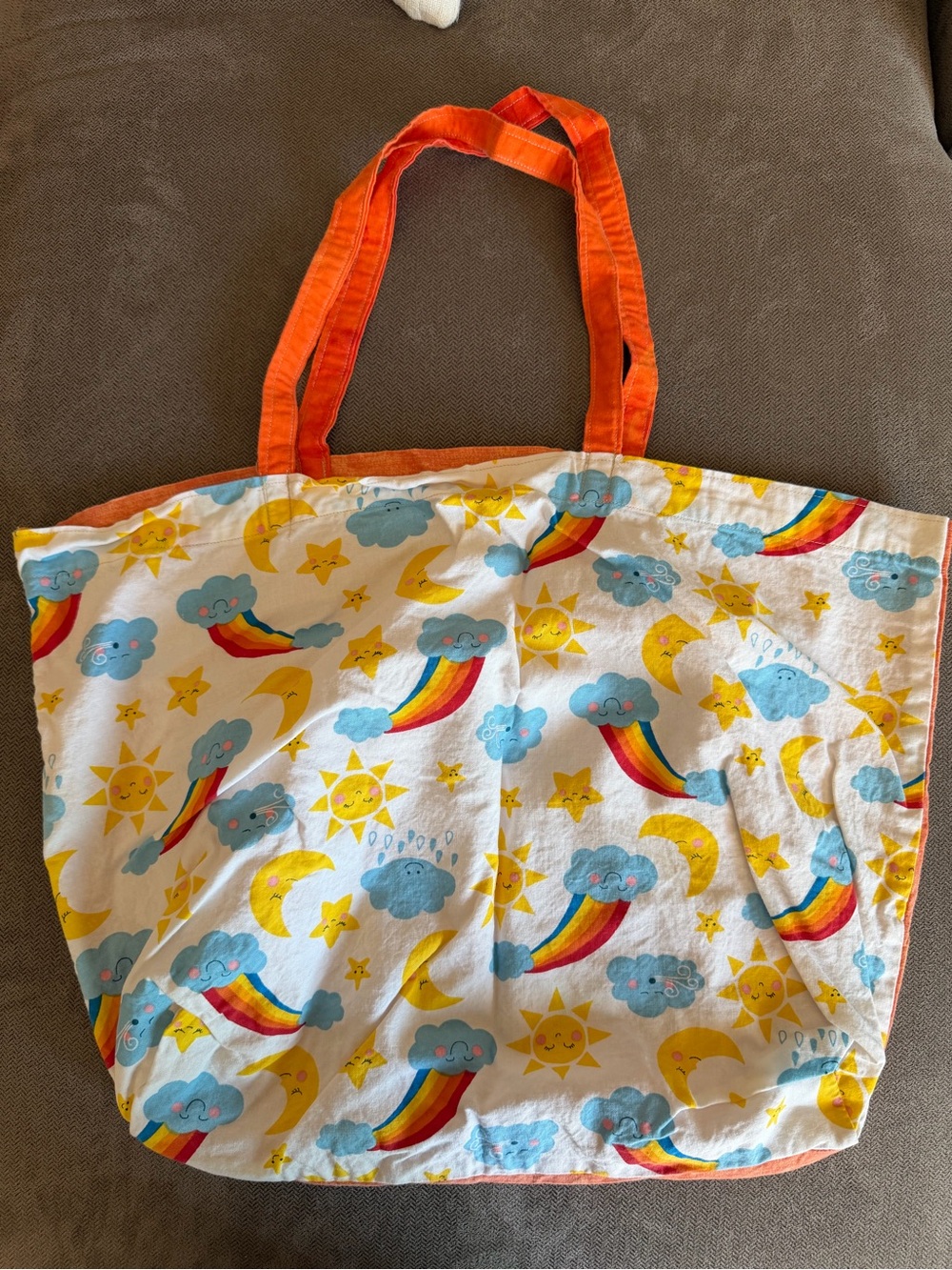Handmade Rainbow Cloud & Sun Tote Bag with Orange Handles